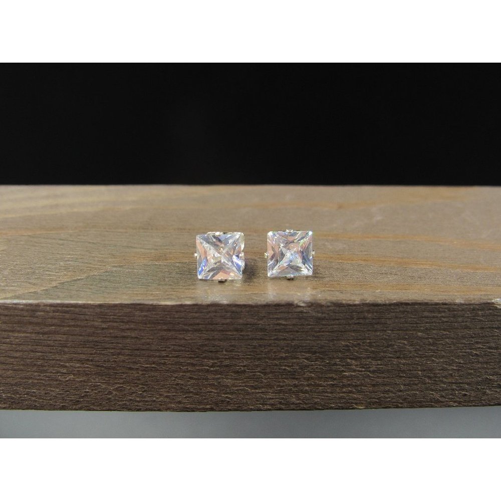 Sterling Silver Square Bright CZ Clear Stud Earrings Vintage Wedding Engagement